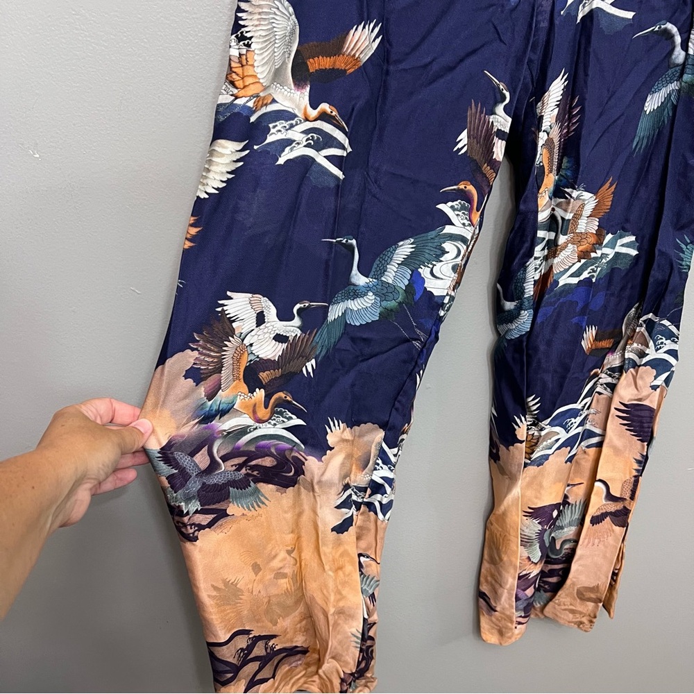 ASOS Two Tone Satin Crane Bird Print Wide Leg Pants Size 12 - Picture 2 of 10